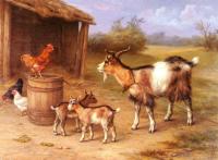 Edgar Hunt - A farmyard Scene With Goats And Chickens